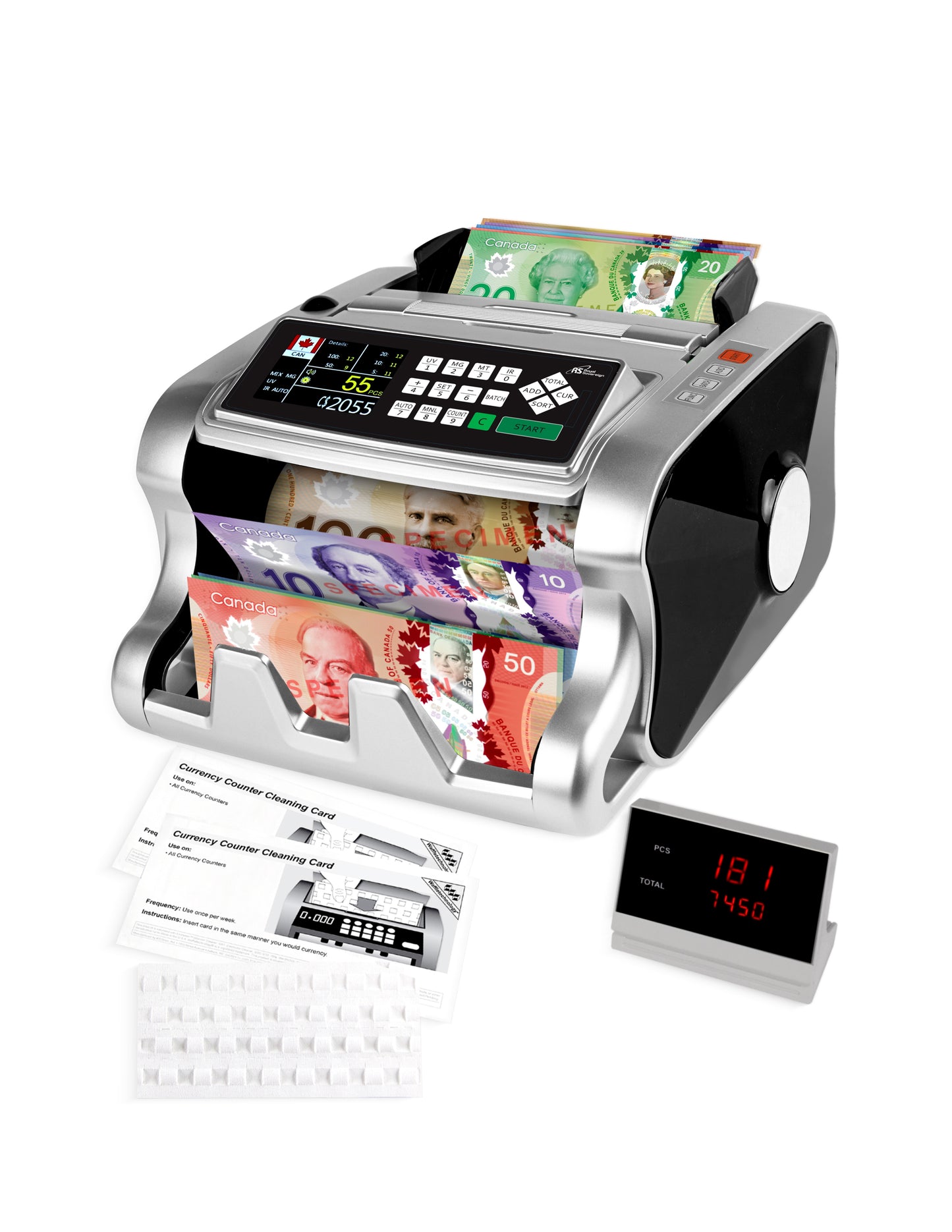 Canadian & US Money Counter with Counterfeit Detection & 15 Cleaning Cards