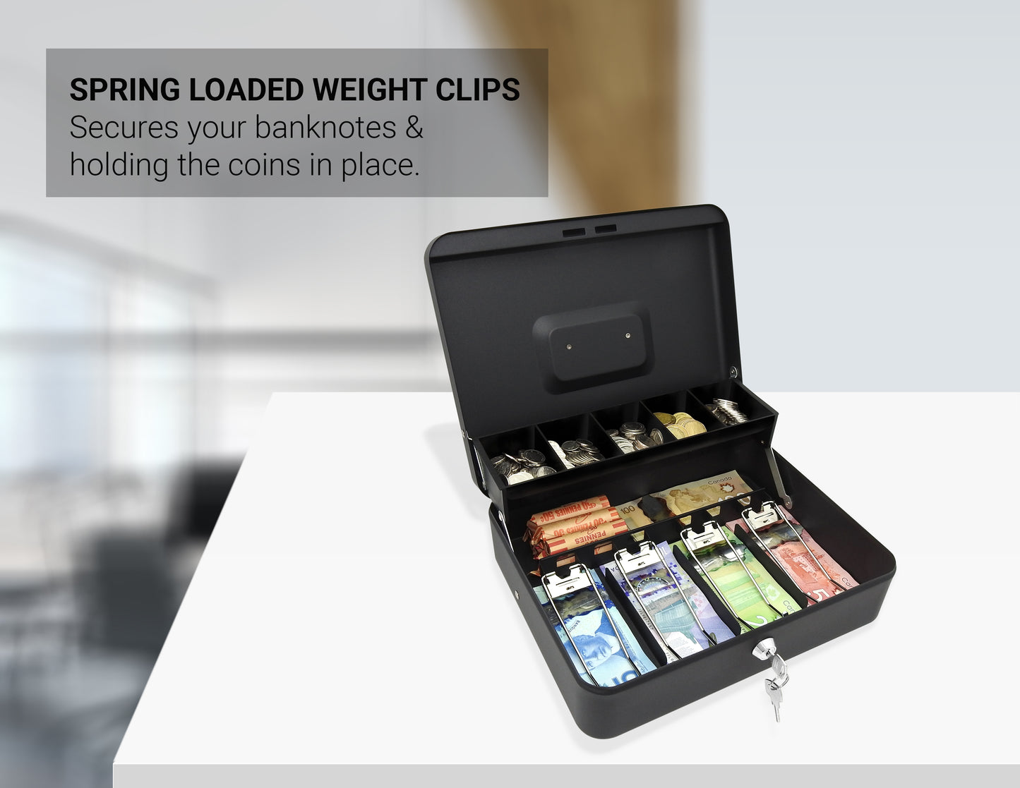 CMCB-400/ Tiered Cash Box with 5 Coin Compartments & 4 Spring-Loaded Bill Compartments (Refurbished)