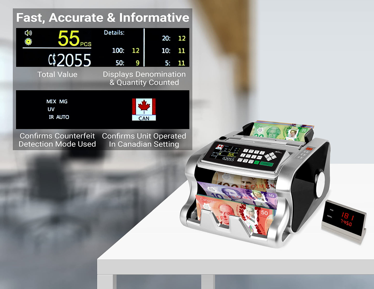 Canadian & US Money Counter with Counterfeit Detection & 15 Cleaning Cards